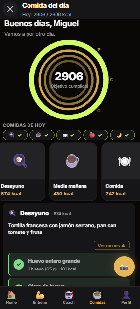 Pantalla Comidas con el menú del día desplegado