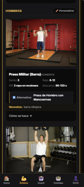 Pantalla Entrenamiento mostrando la rutina del día